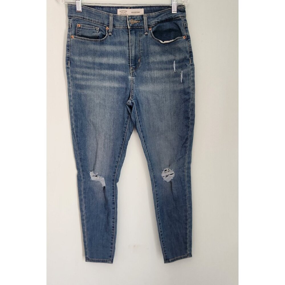 Signature Levis Strauss High Rise Skinny Jeans Womens 10S 30x28 Blue Distressed
